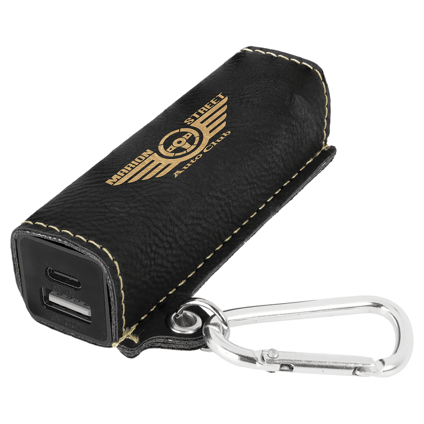 Black/Gold Engravable Leatherette 2200 mAh Power Bank with USB-C Cord
