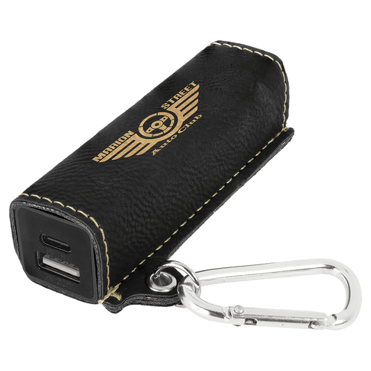 Black/Gold Engravable Leatherette 2200 mAh Power Bank with USB-C Cord