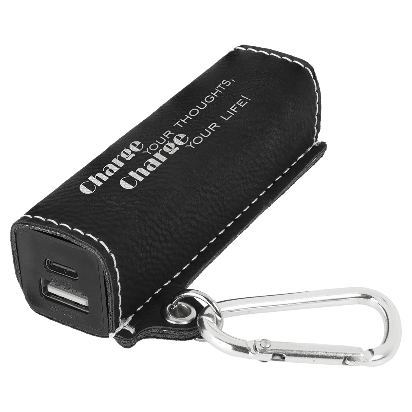 Black/Silver Engravable Leatherette 2200 mAh Power Bank with USB-C Cord