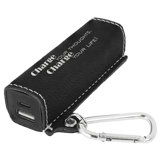 Black/Silver Engravable Leatherette 2200 mAh Power Bank with USB-C Cord