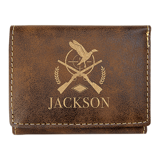 Rustic/Gold Engravable Leatherette Trifold Wallet - 3" x 4"
