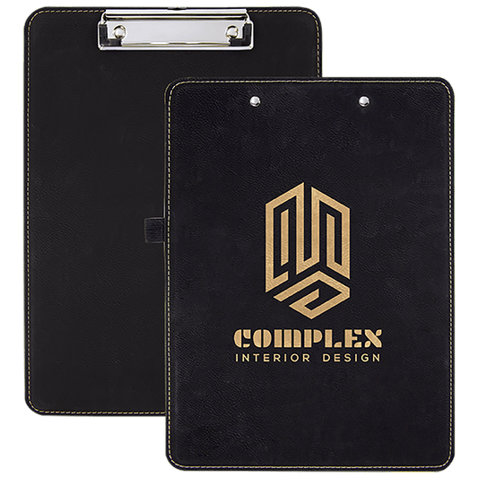Black/Gold Engravable Leatherette Clipboard - 9" x 12 1/2"