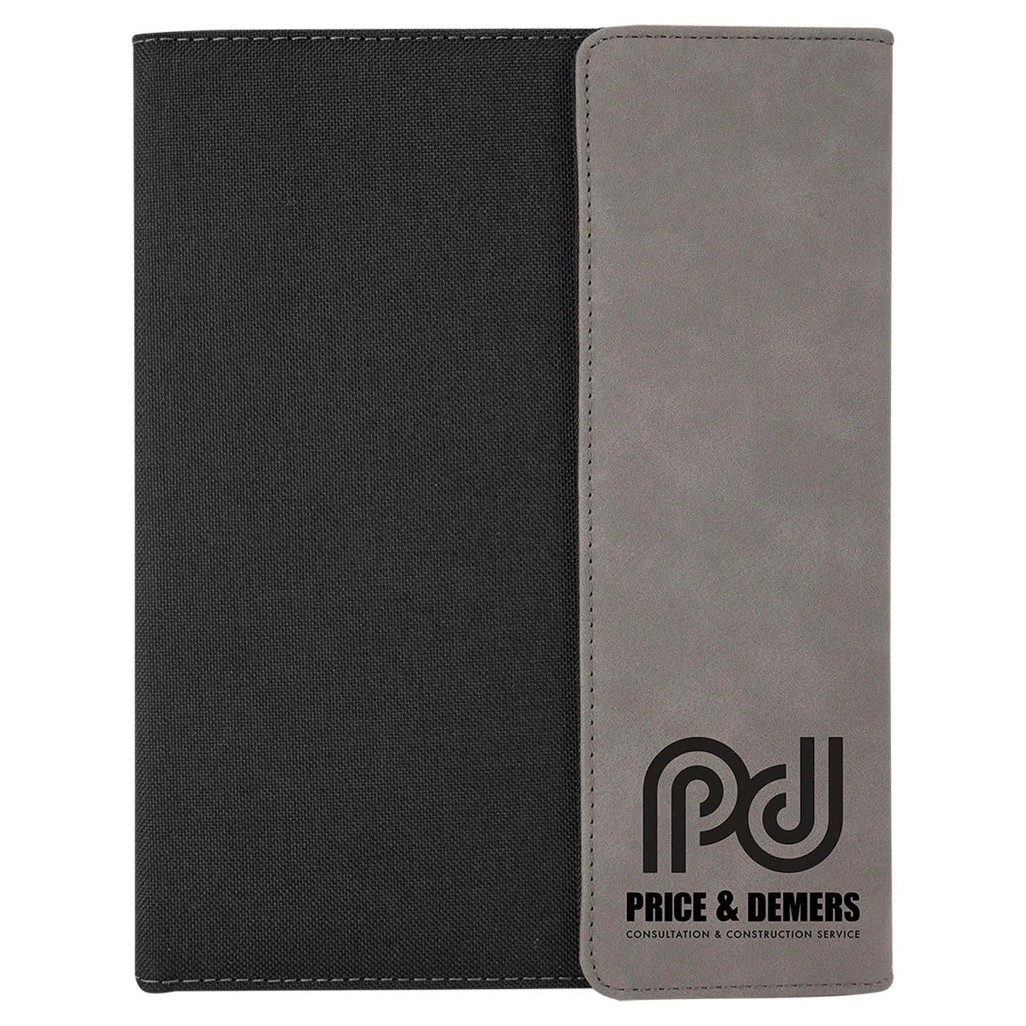 7" x 9" Gray Laserable Leatherette / Black Canvas Portfolio with Notepad