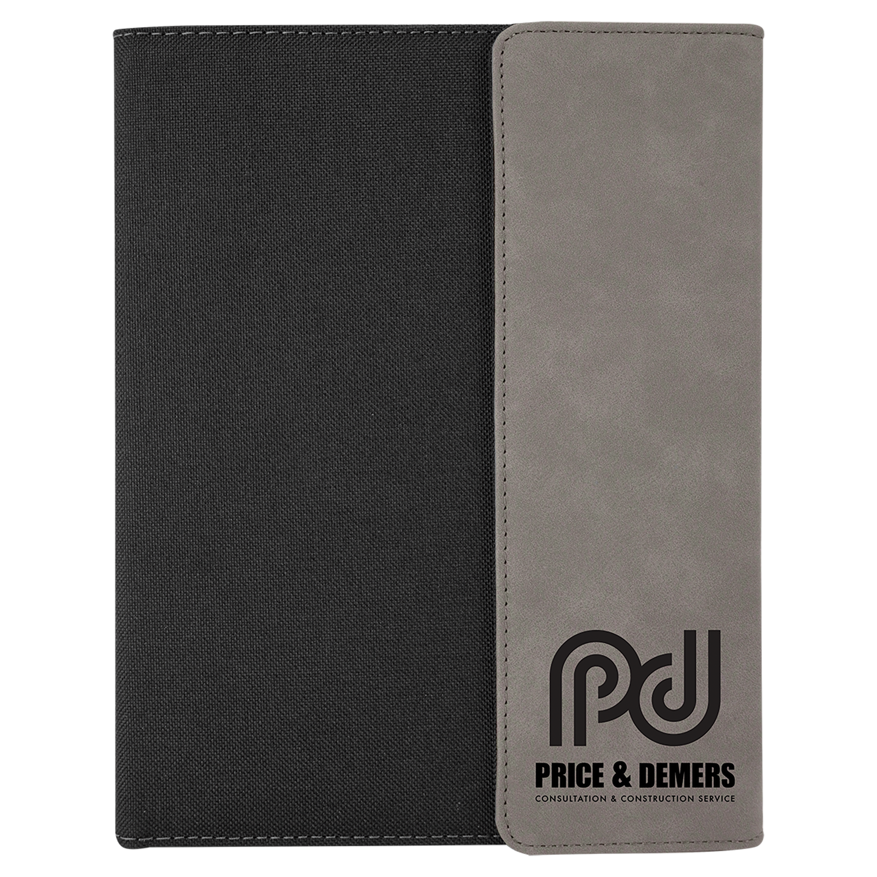 7" x 9" Gray Laserable Leatherette / Black Canvas Portfolio with Notepad