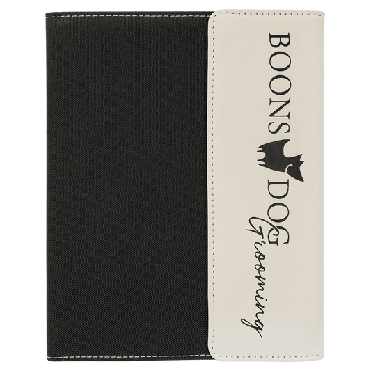 White Engravable Leatherette / Black Canvas Portfolio with Notepad - 7" x 9"