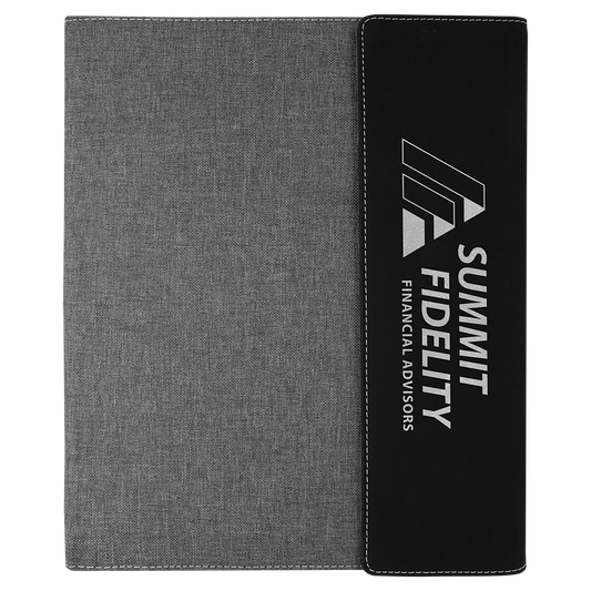 9 1/2"x12" Black/Silver Engravable Leatherette / Gray Canvas Portfolio w/Notepad