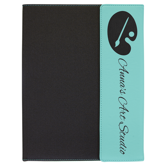 9 1/2"x12" Teal Engravable Leatherette / Black Canvas Portfolio with Notepad
