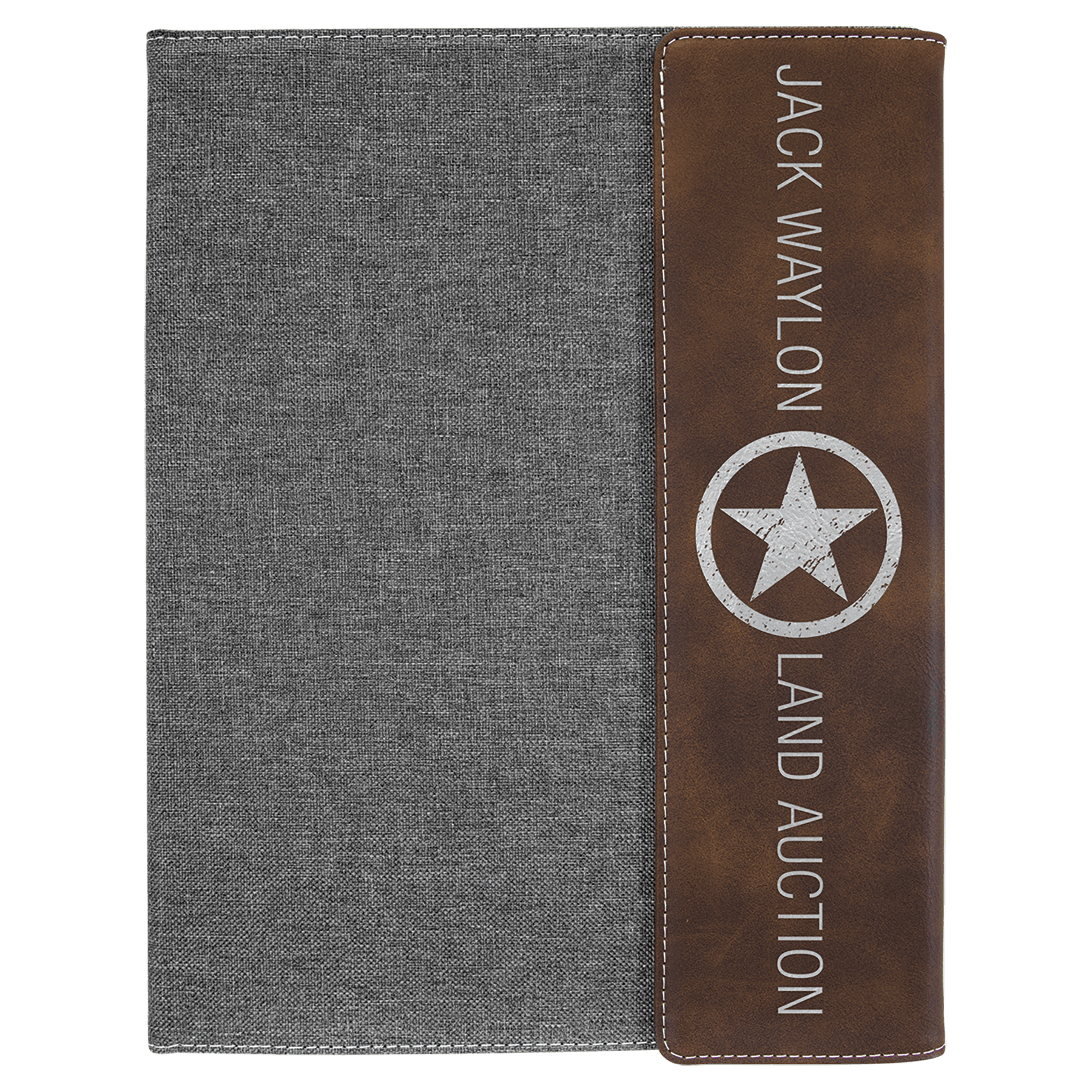 9 1/2"x12" Rustic/Silver Engravable Leatherette/Gray Canvas Portfolio w/Notepad