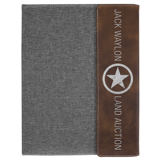 9 1/2"x12" Rustic/Silver Engravable Leatherette/Gray Canvas Portfolio w/Notepad