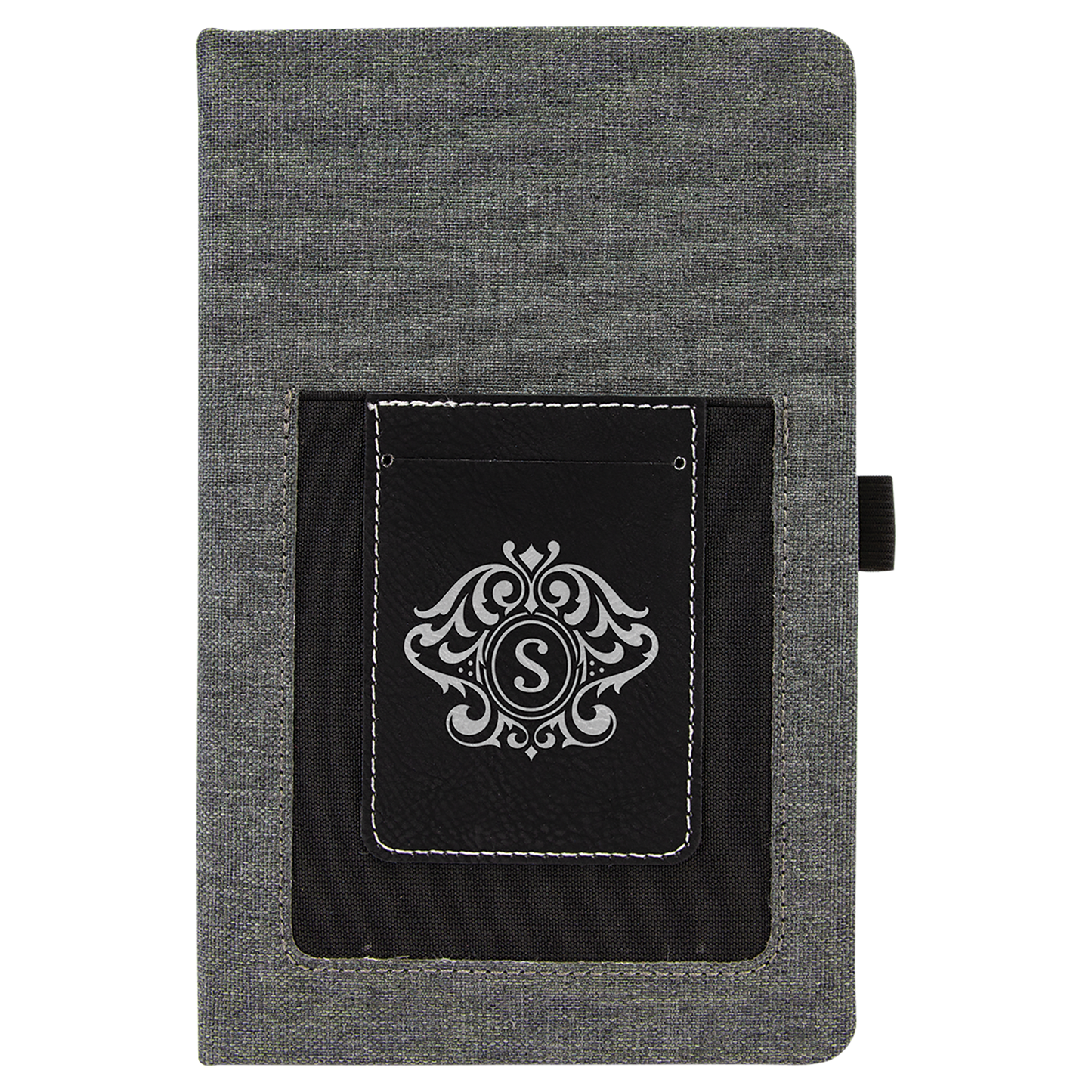 Gray w/Black Engravable Leatherette Journal with Cell/Card Slot - 5 1/4" x 8 1/4"