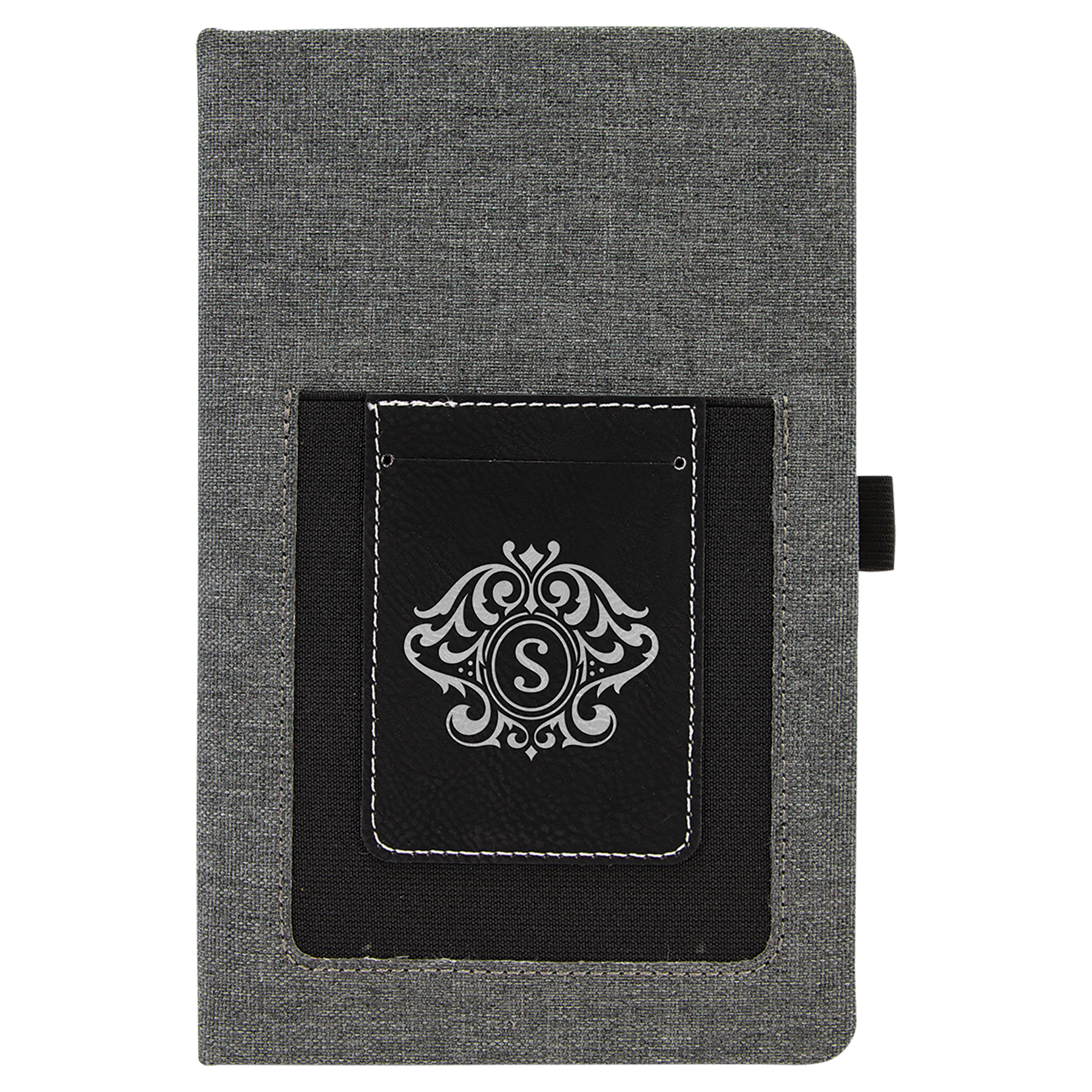 Gray w/Black Engravable Leatherette Journal with Cell/Card Slot - 5 1/4" x 8 1/4"