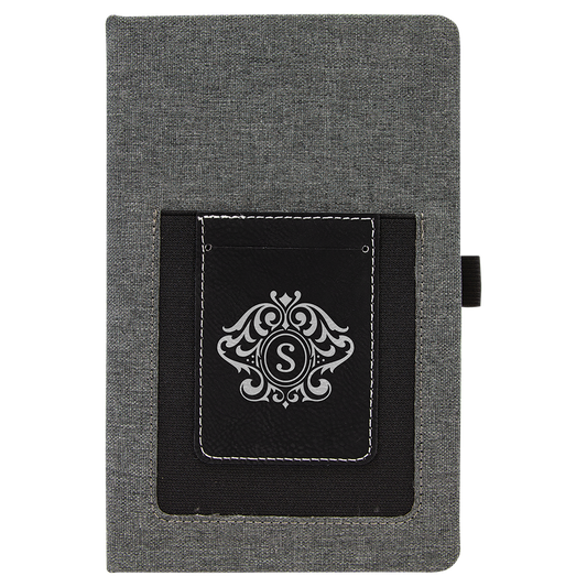 Gray w/Black Engravable Leatherette Journal with Cell/Card Slot - 5 1/4" x 8 1/4"