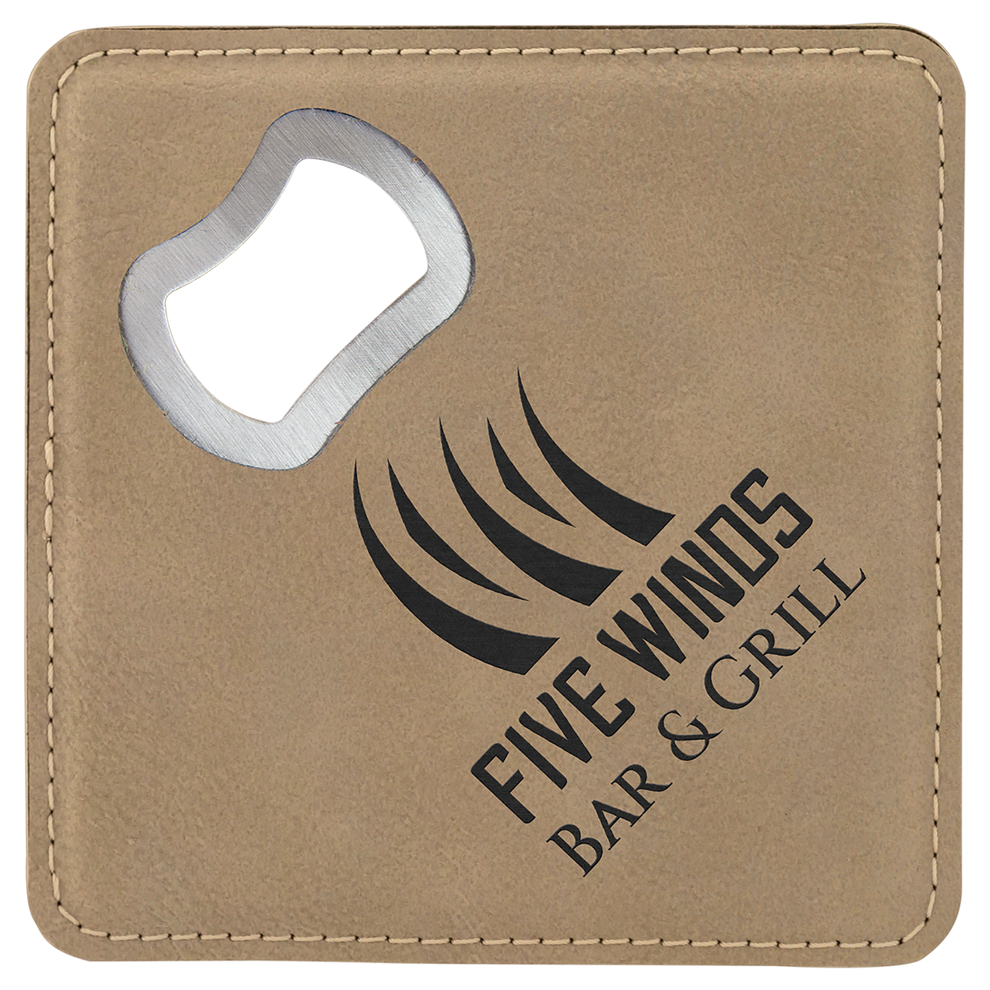 Square Light Brown Engravable Leatherette Bottle Opener Coaster - 4" x 4"
