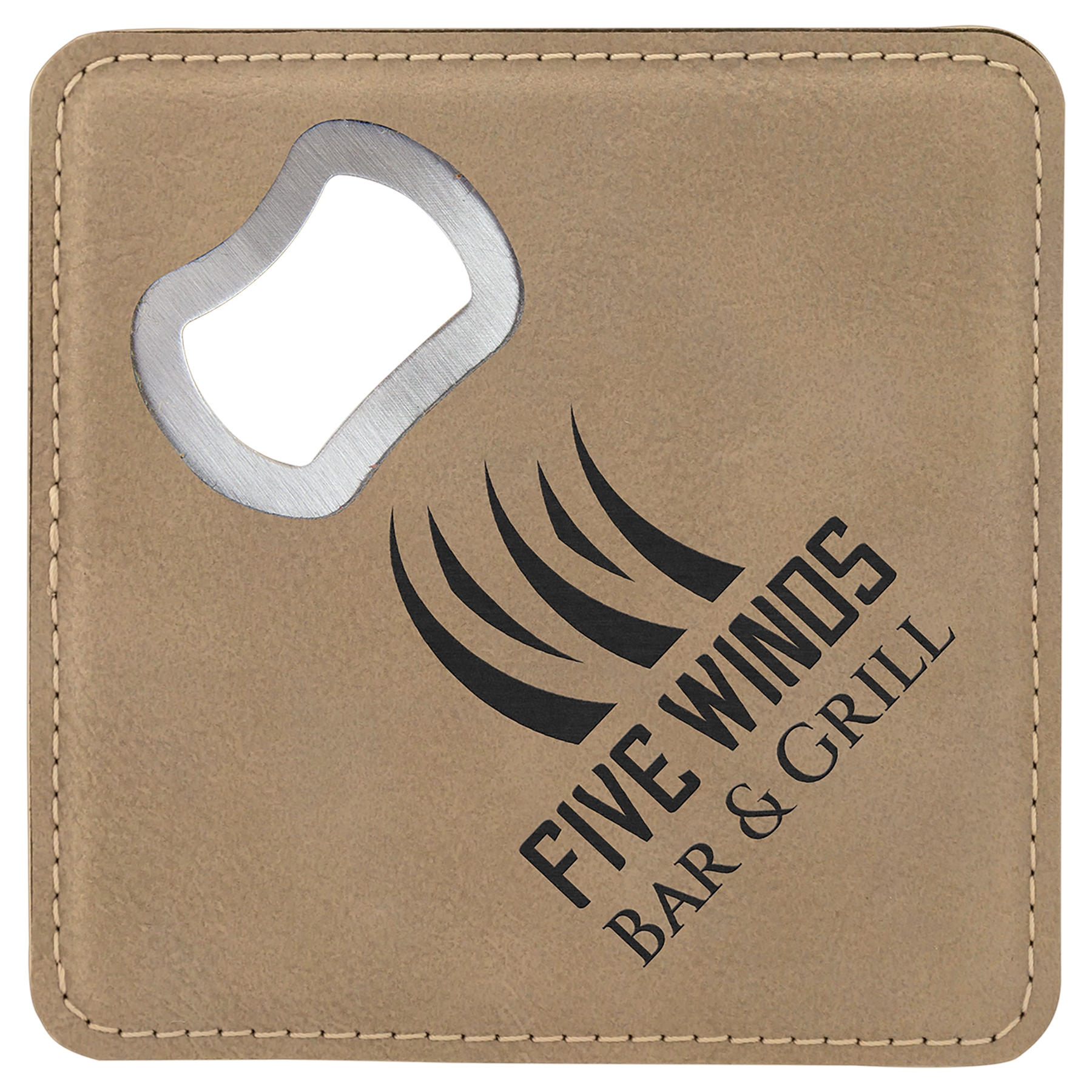 Square Light Brown Engravable Leatherette Bottle Opener Coaster - 4" x 4"
