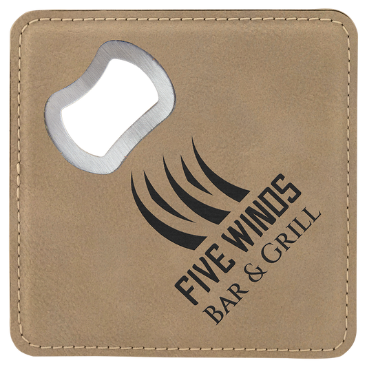Square Light Brown Engravable Leatherette Bottle Opener Coaster - 4" x 4"