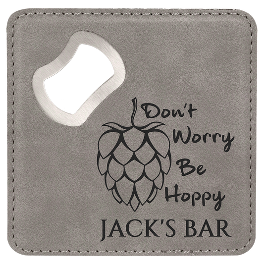 4" x 4" Square Gray Laserable Leatherette Bottle Opener Coaster