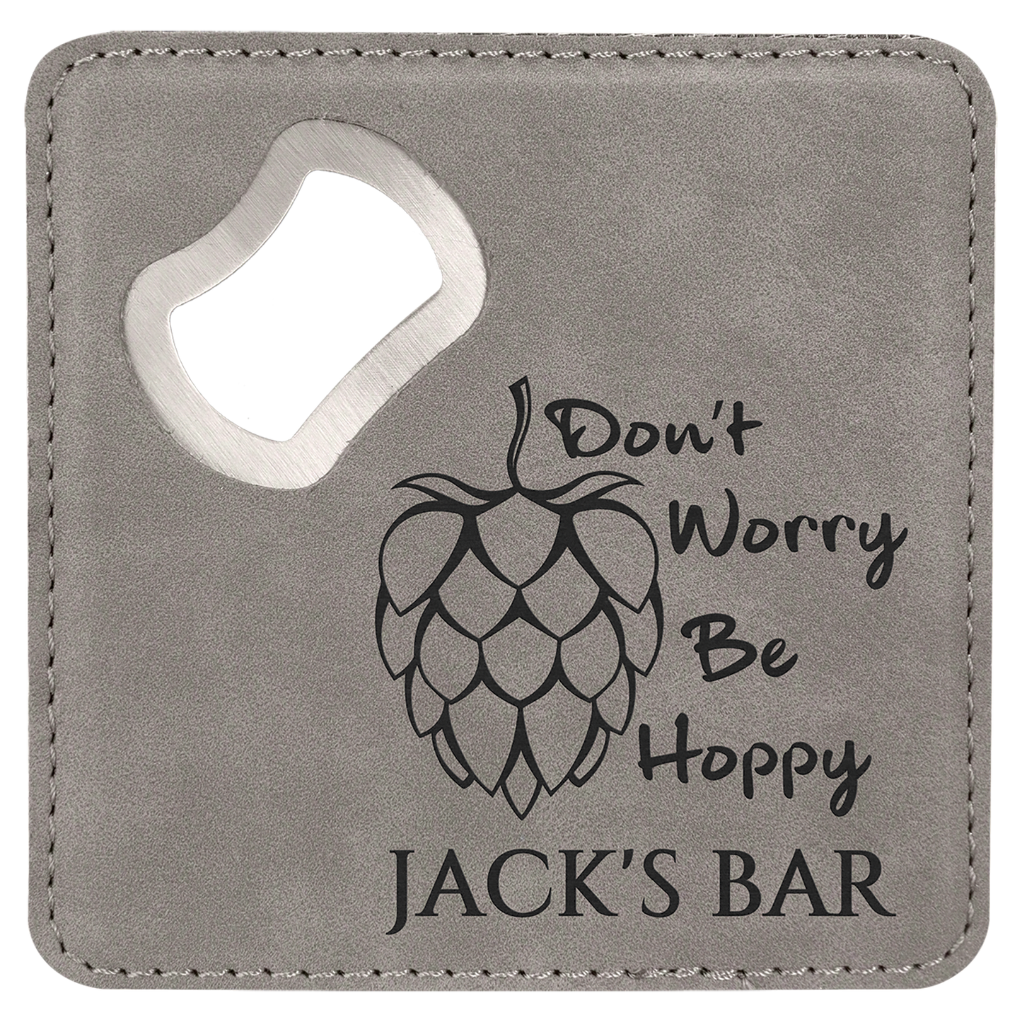 Square Gray Engravable Leatherette Bottle Opener Coaster - 4" x 4"