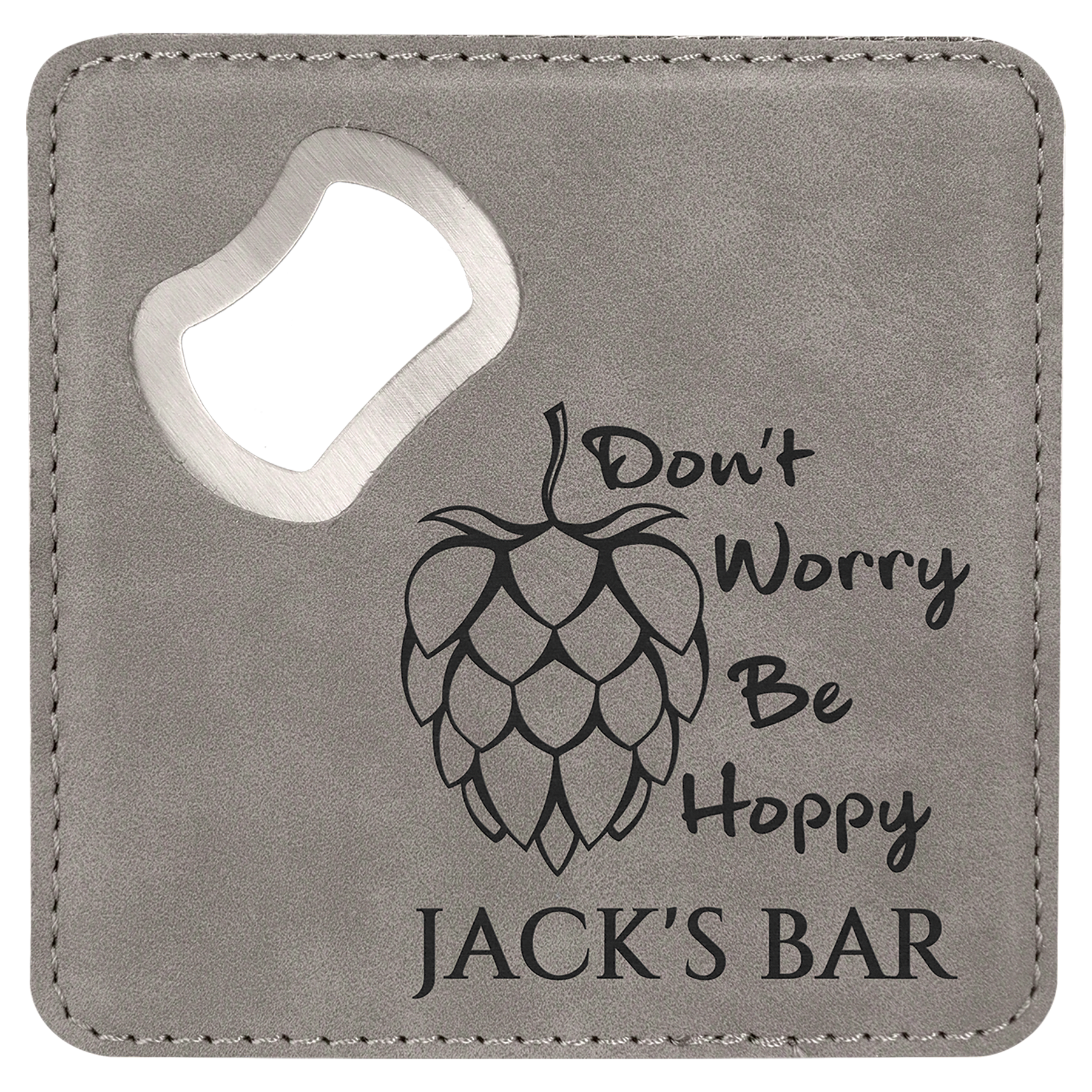 Square Gray Engravable Leatherette Bottle Opener Coaster - 4" x 4"
