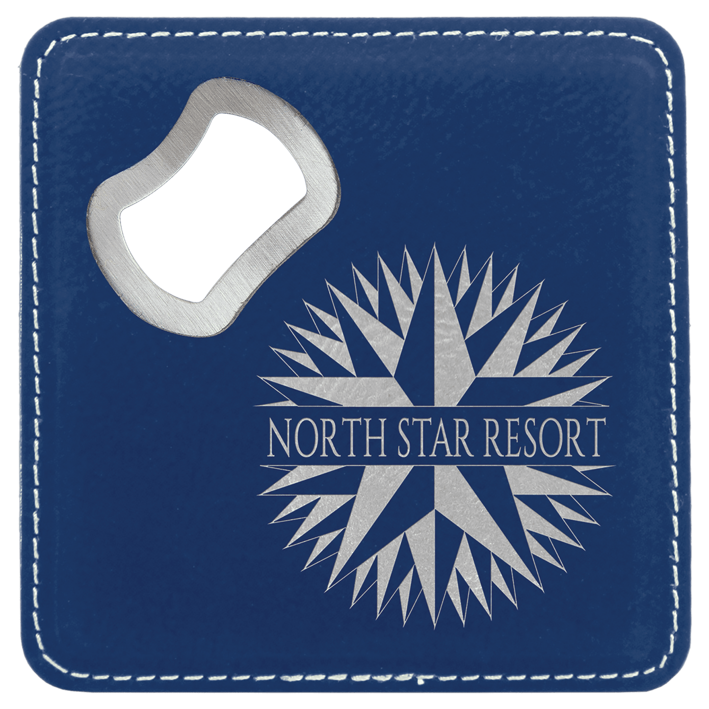 Square Blue/Silver Engravable Leatherette Coaster with Bottle Opener - 4" x 4"