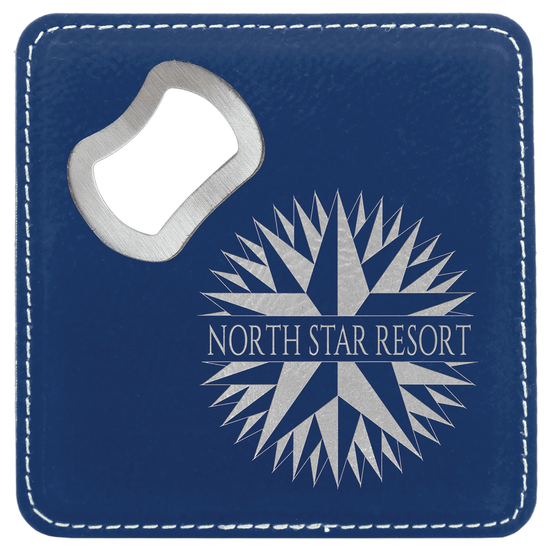 Square Blue/Silver Engravable Leatherette Coaster with Bottle Opener - 4" x 4"