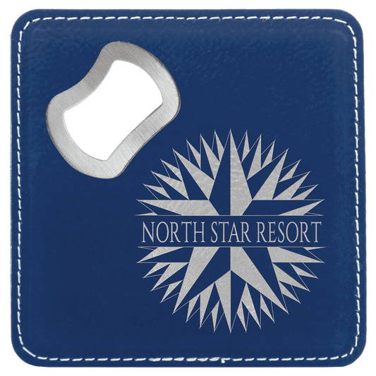 Square Blue/Silver Engravable Leatherette Coaster with Bottle Opener - 4" x 4"