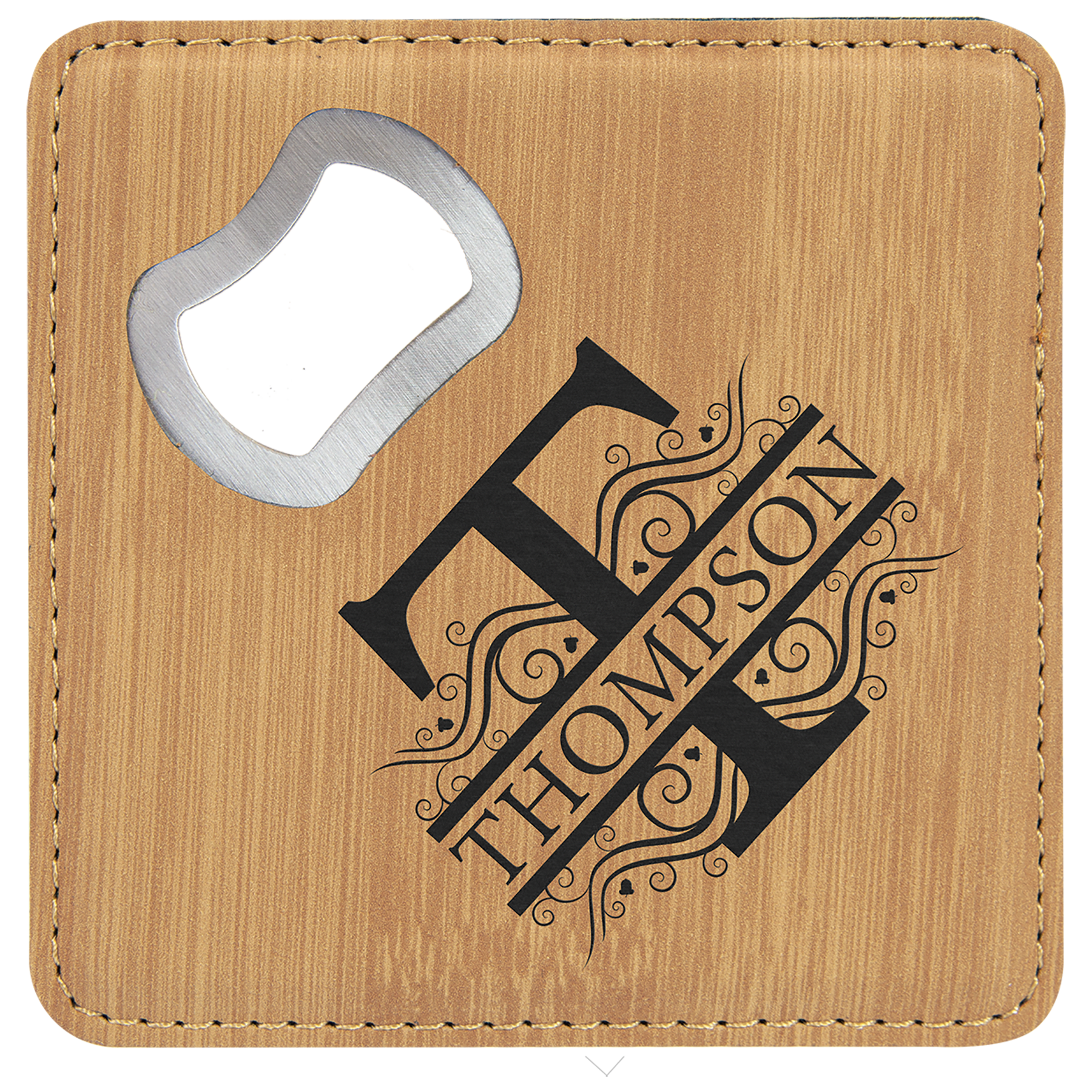 Square Bamboo Engravable Leatherette Coaster with Bottle Opener - 4" x 4"