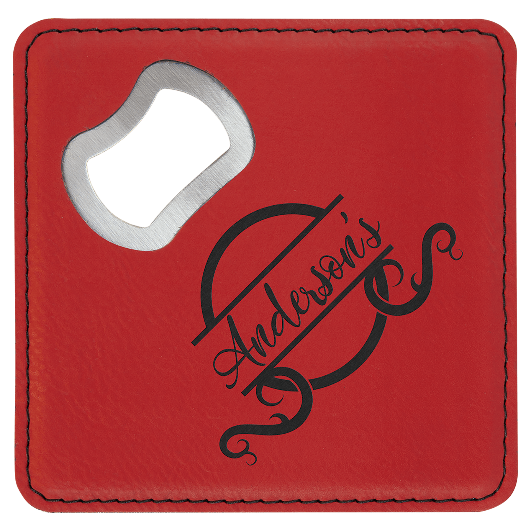 Square Red Engravable Leatherette Bottle Opener Coaster - 4" x 4"