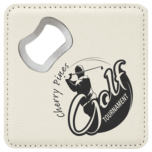 Square White Engravable Leatherette Bottle Opener Coaster - 4" x 4"