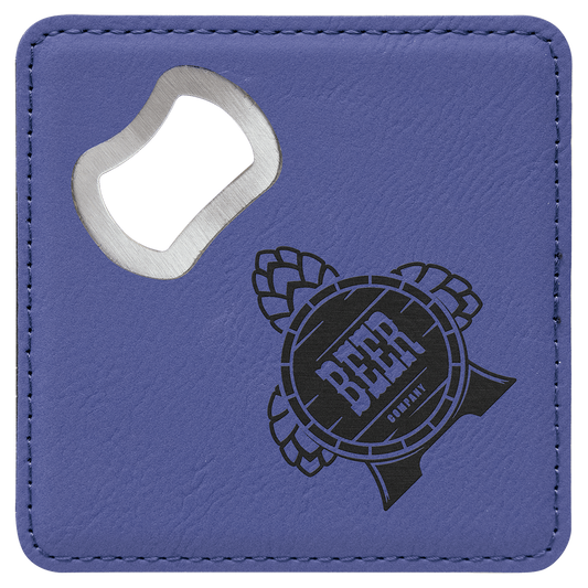 Square Purple Engravable Leatherette Bottle Opener Coaster - 4" x 4"