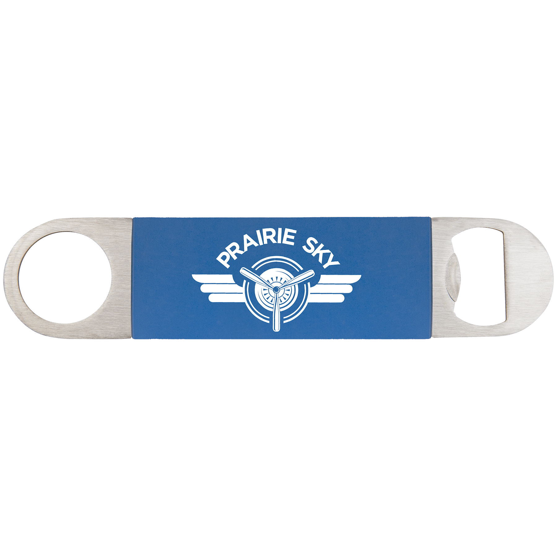Blue/White Bottle Opener with Silicone Grip - 1 1/2" x 7"