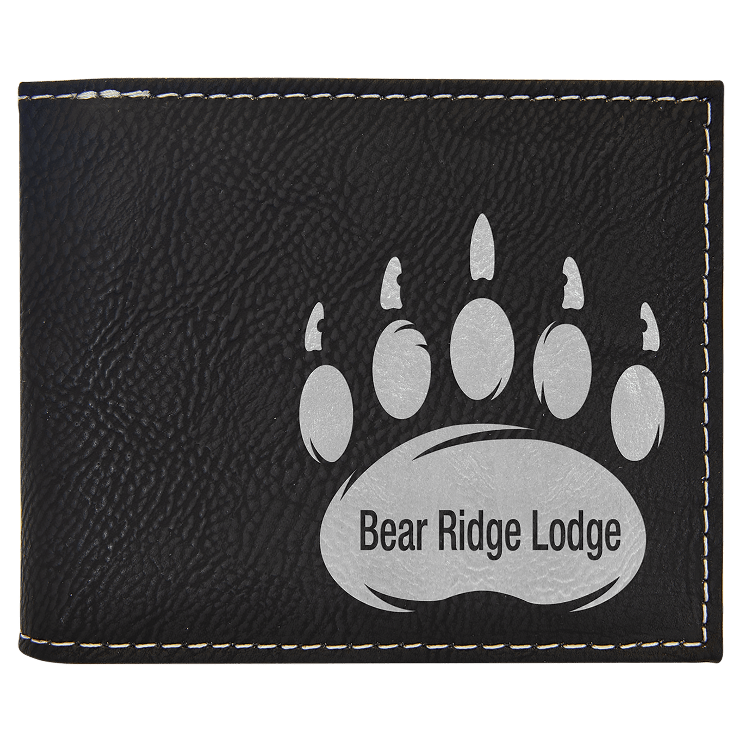 Black/Silver Engravable Leatherette Bi-Fold Wallet w/Flip ID Display