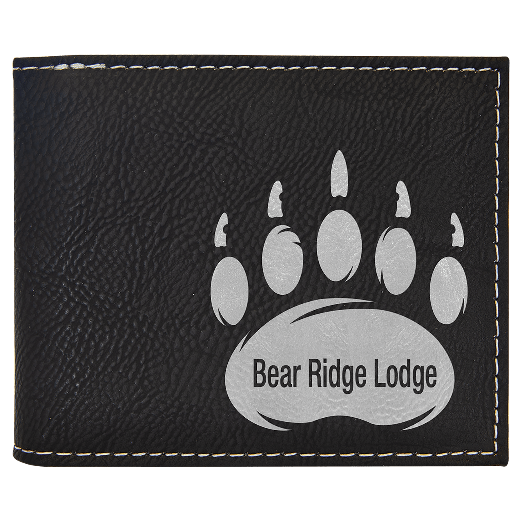 Black/Silver Engravable Leatherette Bi-Fold Wallet w/Flip ID Display