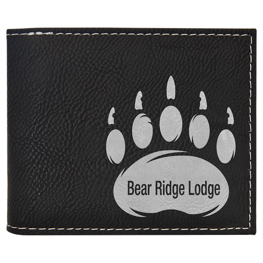 Black/Silver Engravable Leatherette Bi-Fold Wallet w/Flip ID Display