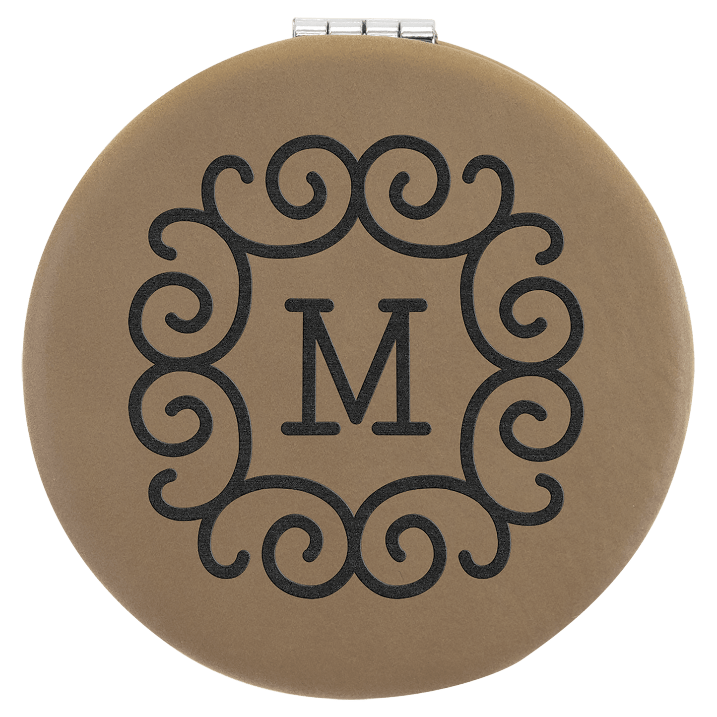 Light Brown Engravable Leatherette Compact Mirror - 2 1/2"