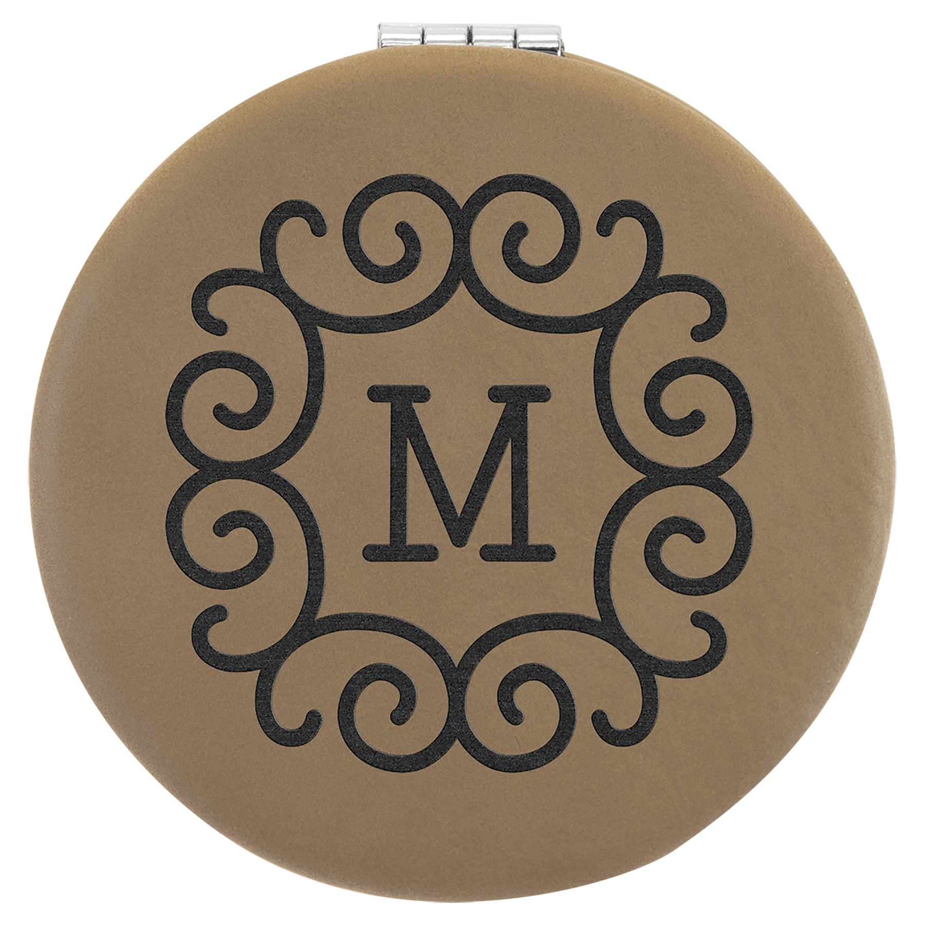 Light Brown Engravable Leatherette Compact Mirror - 2 1/2"