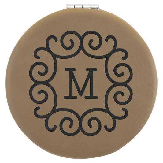 2 1/2" Light Brown Laserable Leatherette Compact Mirror