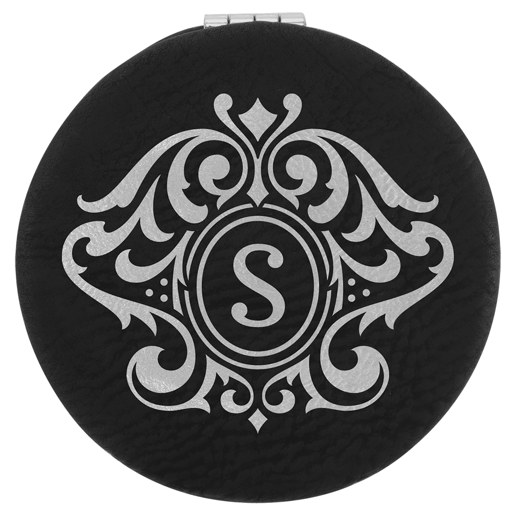 Black/Silver Engravable Leatherette Compact Mirror - 2 1/2"