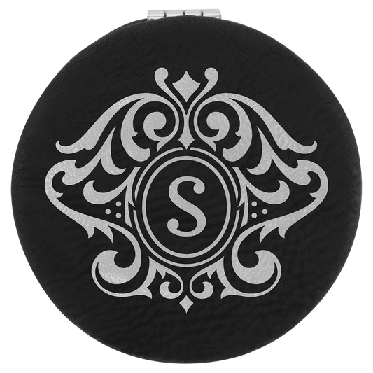 Black/Silver Engravable Leatherette Compact Mirror - 2 1/2"