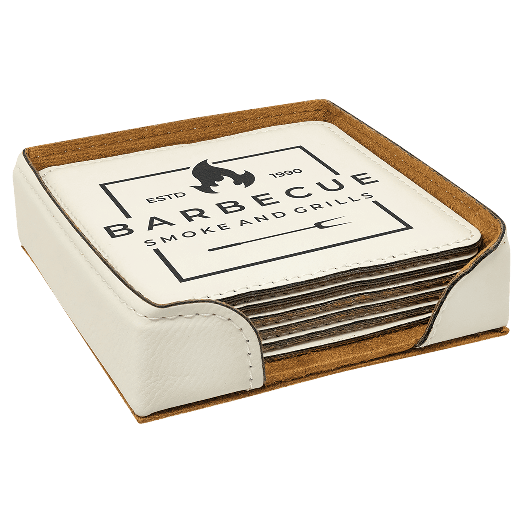 White Square Engravable Leatherette 6-Coaster Set - 4" x 4"