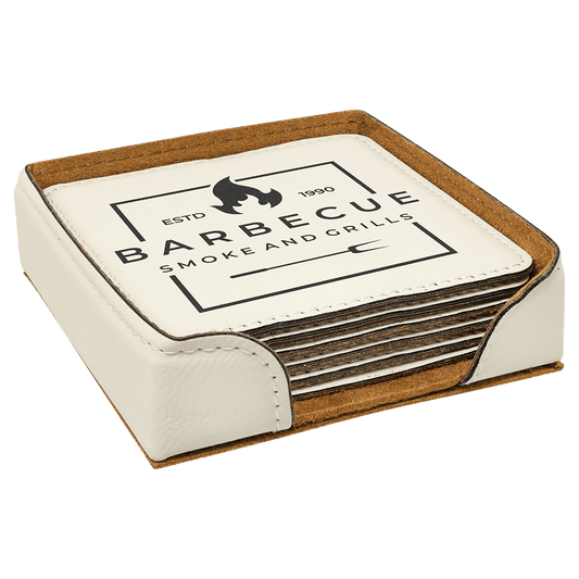 White Square Engravable Leatherette 6-Coaster Set - 4" x 4"