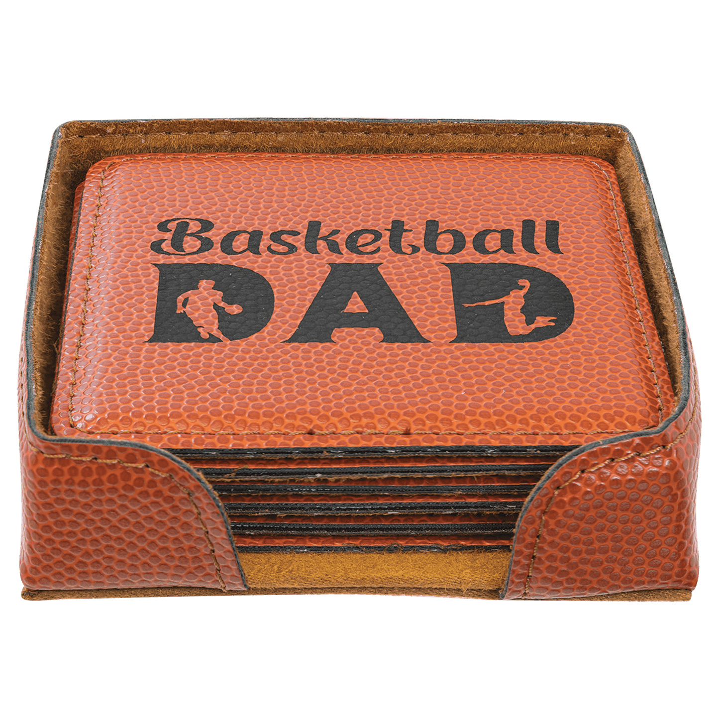 Basketball Square Engravable Leatherette 6-Coaster Set - 4" x 4"