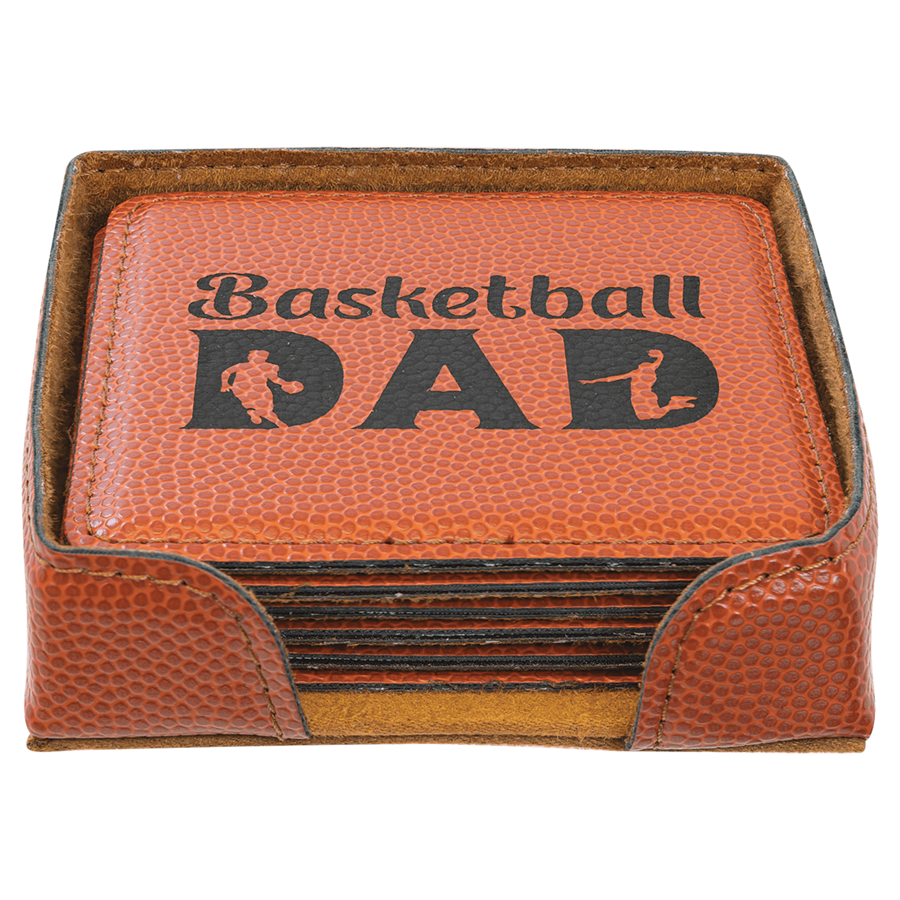 Basketball Square Engravable Leatherette 6-Coaster Set - 4" x 4"