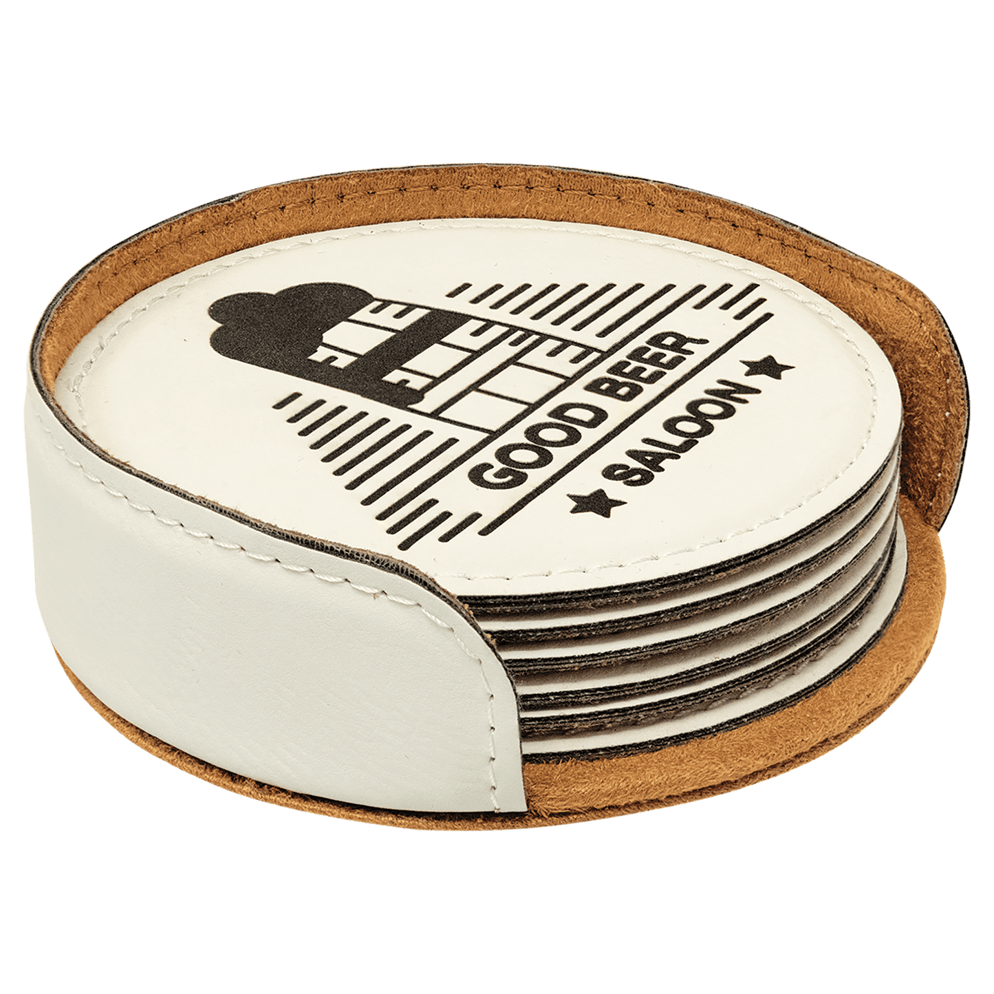 White Round Engravable Leatherette 6-Coaster Set - 4"