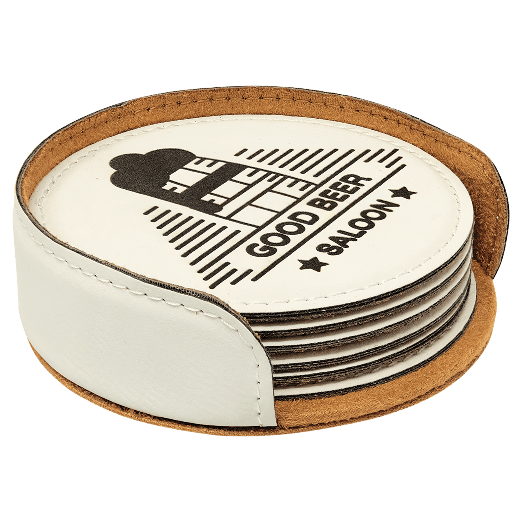 White Round Engravable Leatherette 6-Coaster Set - 4"