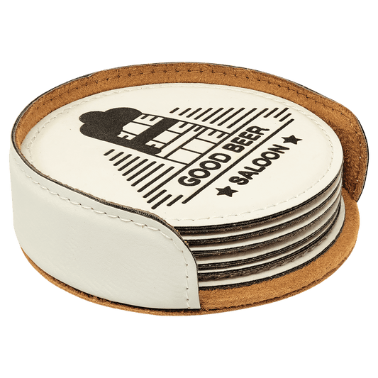 White Round Engravable Leatherette 6-Coaster Set - 4"