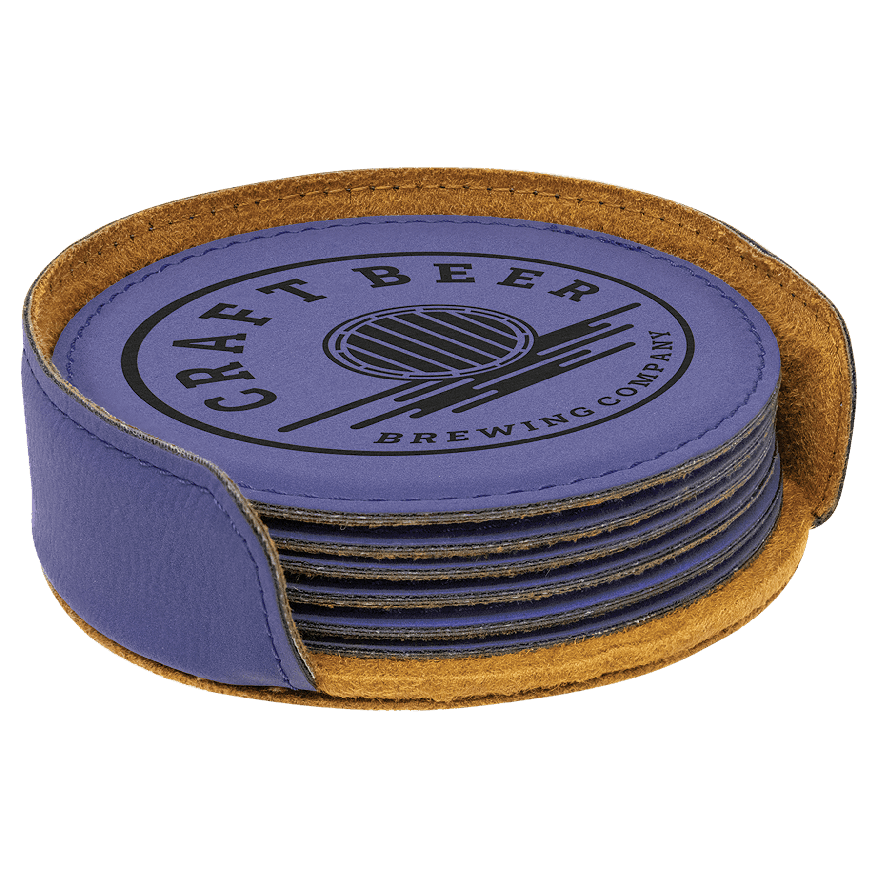 Purple Round Engravable Leatherette 6-Coaster Set - 4"