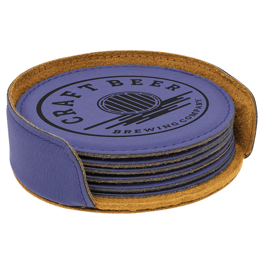 Purple Round Engravable Leatherette 6-Coaster Set - 4"