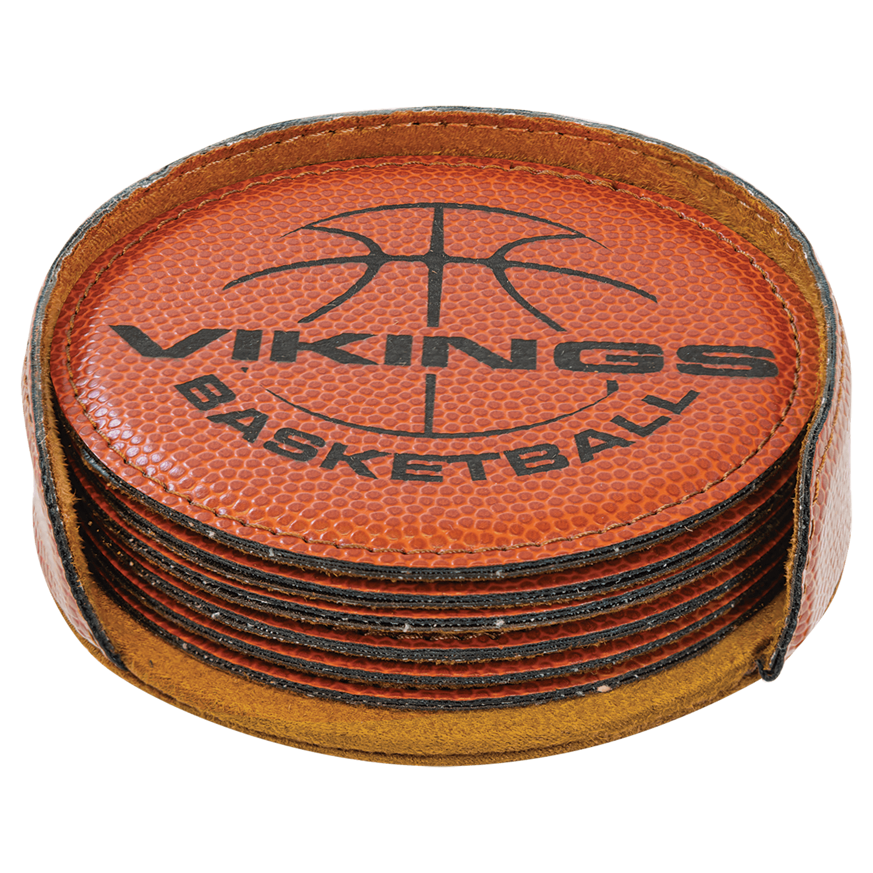 Basketball Round Engravable Leatherette 6-Coaster Set - 4"
