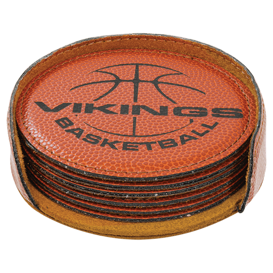 Basketball Round Engravable Leatherette 6-Coaster Set - 4"