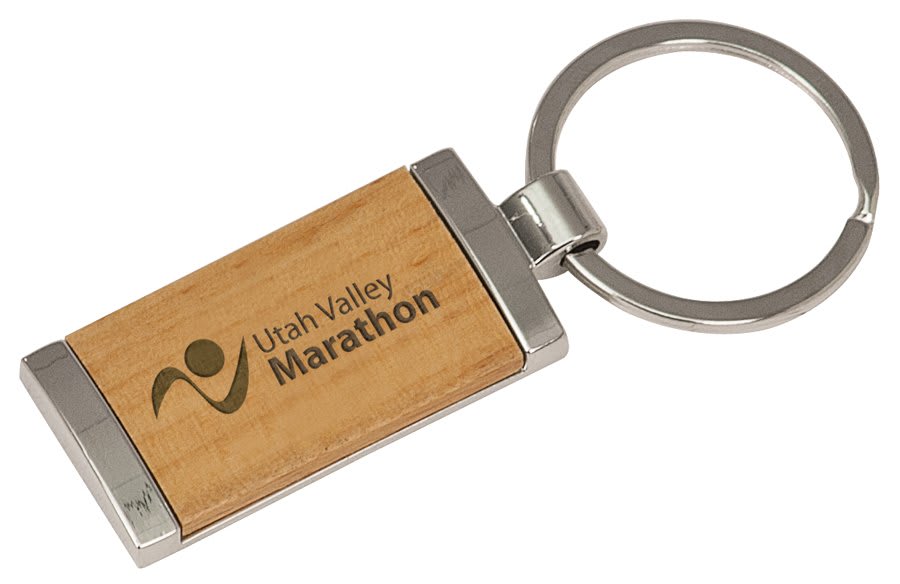 Silver/Wood Engravable Rectangle Keychain - 7/8" x 1 7/8"